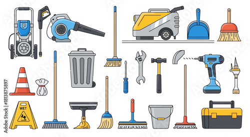 Cleaning tools and equipment arranged on a white background illustration style.