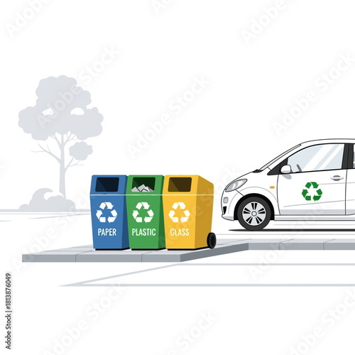 Three recycling bins and a car with a recycling symbol on a white background.