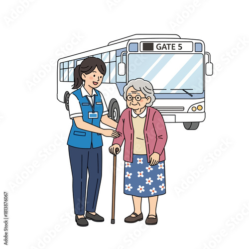 Woman assisting elderly woman with cane near bus transportation.