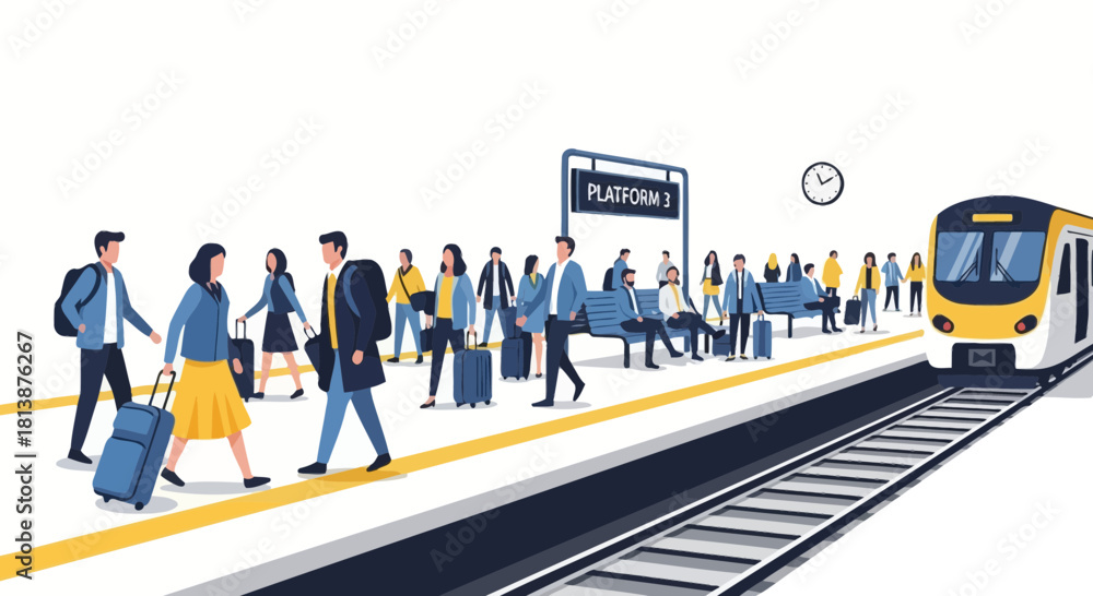 custom made wallpaper toronto digitalPeople waiting at a train station platform with a train approaching.