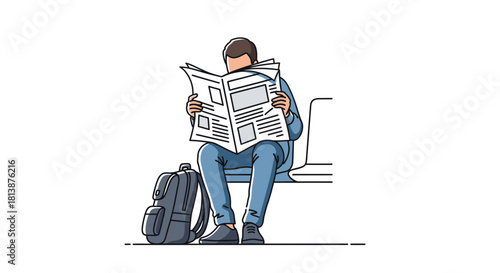 Person sitting reading newspaper with backpack waiting on bench illustration.