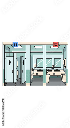 Public restroom interior with stalls sinks mirrors and signage illustration.