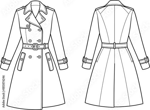 Elegant detailed technical fashion illustration of women’s double-breasted trench coat front and back views with belt, buttons, pockets, and stitching design.