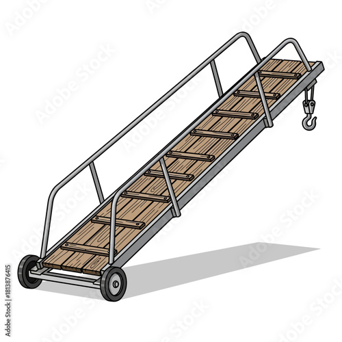 Mobile staircase with wheels and handrails isolated on white background.