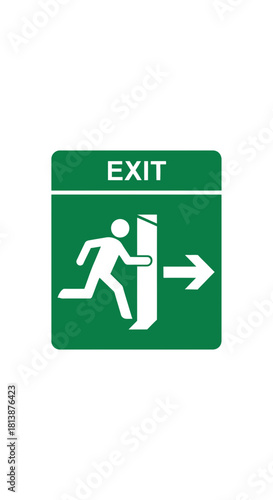 Green exit sign shows running figure opening door with arrow pointing right.