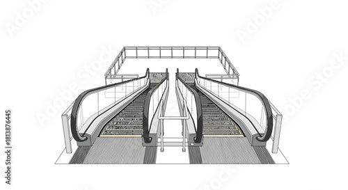 Two escalators descend side by side with metal railings and glass sides.