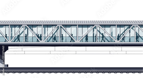 Elevated walkway with metal structure and glass panels over railway tracks.