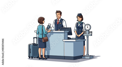 Woman checks in at airport counter with staff and luggage illustration.