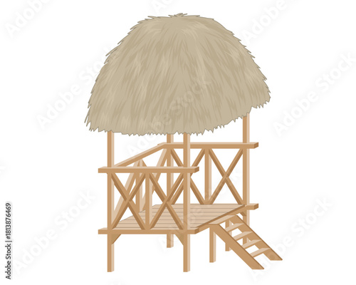 vector design of a small, simple hut with a roof made of dry thatch and usually found in tourist spots such as on the beach or near a lake or in similar places