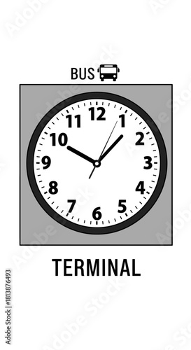 Clock at a bus terminal showing time with bus icon above.