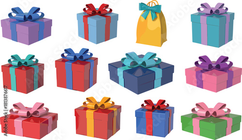 Colorful gift boxes and festive presents with decorative bows and ribbons arranged in a playful collection for celebrations, holidays, and special events.