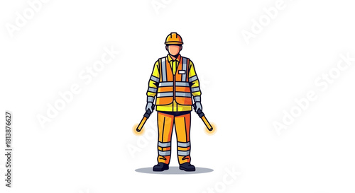 Person in safety gear holding batons standing on a white background.