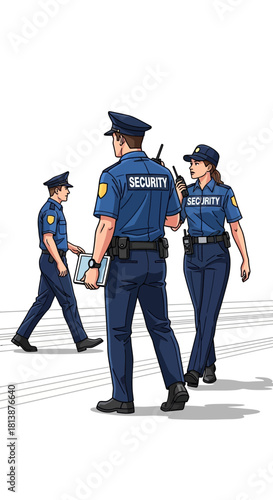 Three police officers in uniform stand and walk isolated on white background.