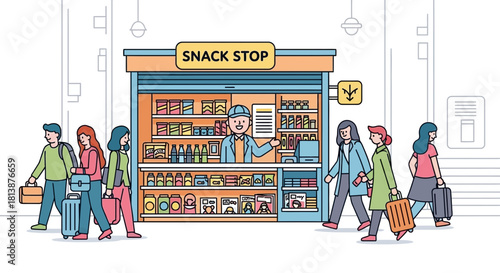 Cartoon illustration of a snack stand with people walking by in a public space.
