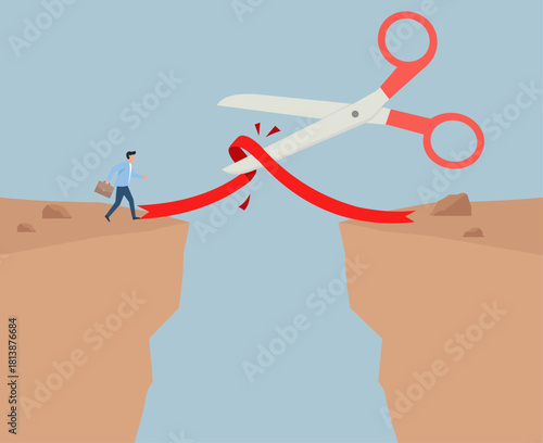 Businessman on Cliff Edge with Ribbon Bridge Severed by Giant Scissors, Severing Ties, Risk of Failure, Cutting Connections, Business Peril, Imminent Fall