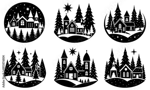 Collection of winter scenes with houses trees and stars in oval shaped frames
