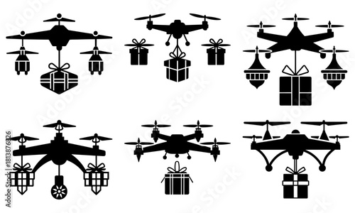 Illustration of six drones carrying gifts suspended below them in silhouette style