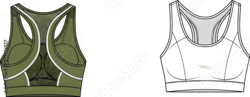Detailed sports bra fashion vector illustration showing front and back technical design features, athletic garment construction, stitching details, mesh panels, and activewear style.