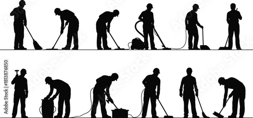 Black silhouettes of construction workers and industrial cleaners set, vector illustration of men maintaining, sweeping, vacuuming, and building, isolated on white background for renovation.