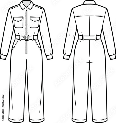 Detailed technical flat sketch of women’s long-sleeve belted jumpsuit design showing front and back views for fashion illustration and garment production.