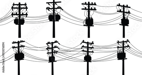Black silhouette vector set of electric utility poles with transformers and messy power lines, isolated on white background, industrial energy infrastructure illustration collection, graphic