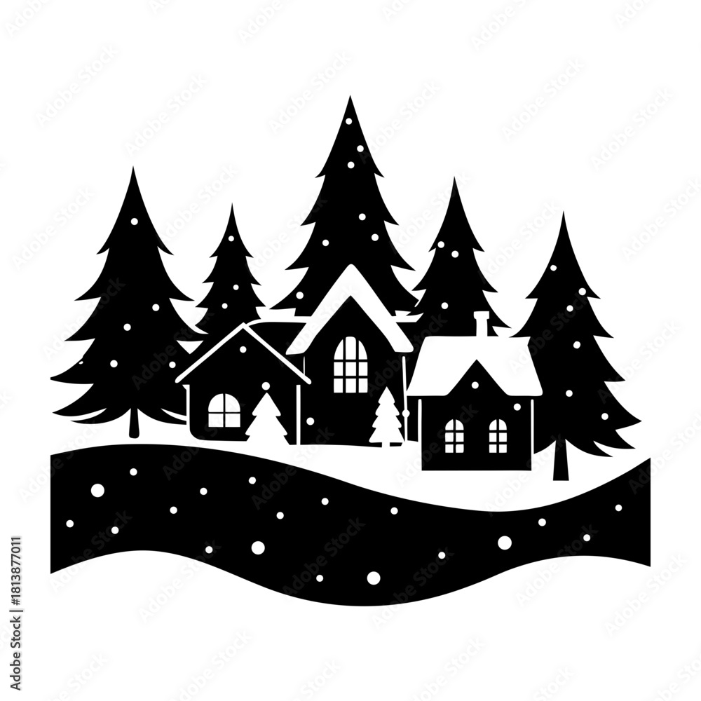 Naklejka premium Silhouette of winter village scene with snow covered houses and christmas trees