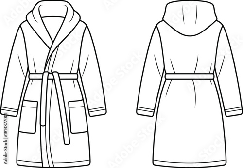 Detailed vector illustration of hooded bathrobe front and back views, showcasing belt, pockets, stitching, and cozy loungewear garment design.