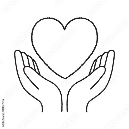 ハートを両手で支える線画イラスト｜シンプル・モノクロ・思いやり