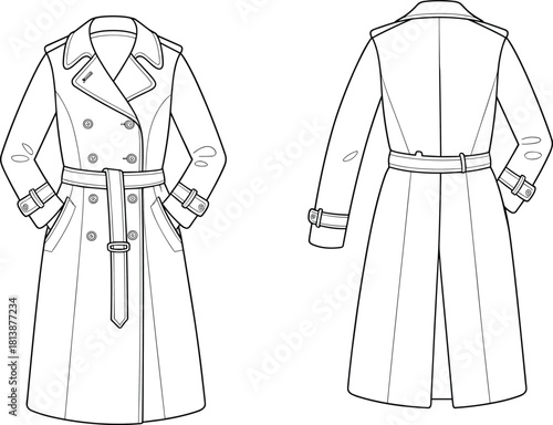 Elegant double-breasted trench coat fashion flat sketch illustrating front and back technical details for apparel design, sewing pattern, and vector artwork.
