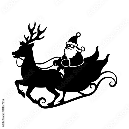 Silhouette of santa claus riding in a sleigh pulled by a reindeer in black color