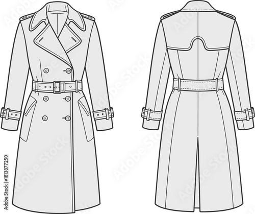 Elegant detailed vector illustration of classic double-breasted trench coat fashion flat sketch showing front and back views with belt and tailoring.