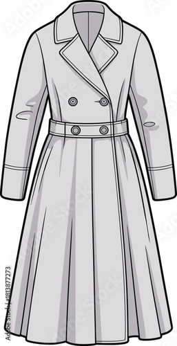 Elegant double-breasted trench coat fashion illustration featuring belted waist, long silhouette, tailored details, and professional vector design for apparel designers.