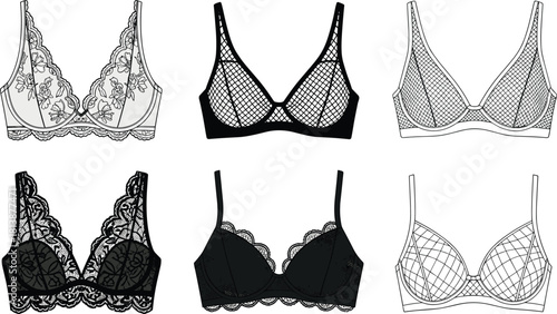 Elegant lace and mesh women’s lingerie bras collection illustrated in detailed fashion sketches showcasing various stylish designs for intimate apparel branding.
