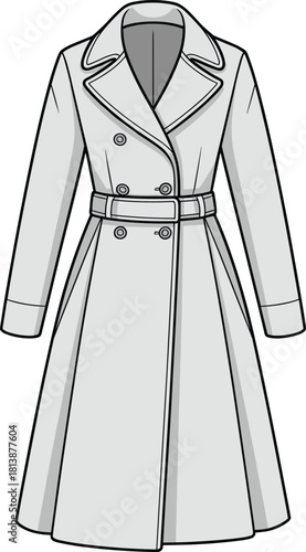 Elegant long trench coat fashion illustration with belted waist, double-breasted design, tailored silhouette, detailed stitching, and professional technical vector drawing