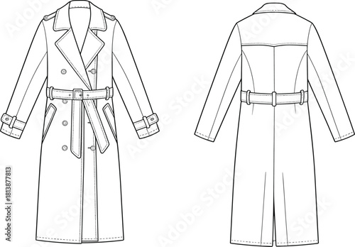 Elegant long trench coat technical fashion flat sketch showing detailed front and back views with belt, buttons, collar, cuffs and tailored seams.