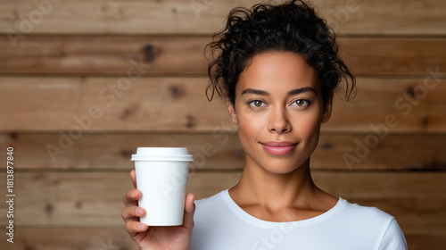 Female Barista Holding a Blank White Takeaway Cup in a Minimalist Coffee Shop

