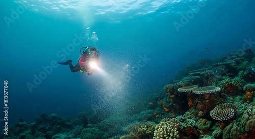 Fototapeta Naklejka Na Ścianę i Meble -  Scuba diver exploring vibrant coral reef with underwater flashlight.