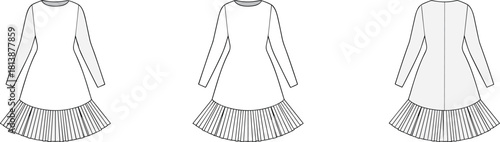 Elegant long-sleeve dress fashion flat sketch with pleated hem shown in front and back views for apparel design, technical illustration, templates.