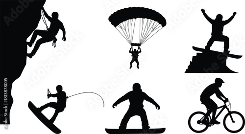 Set of black silhouettes showing extreme sports like rock climbing, paragliding, snowboarding, wakeboarding, and mountain biking for adventure travel design vector illustration isolated on white.