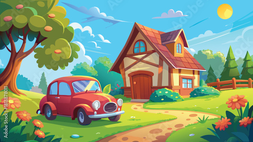 Cute cartoon vintage car parked near a small countryside home vector illustration ai generated art