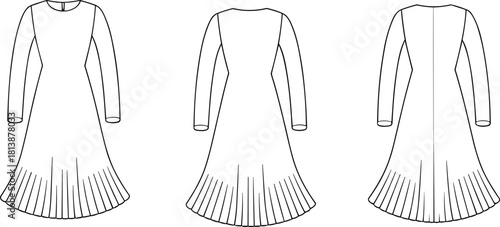 Elegant long-sleeve pleated hem dress technical flat illustration showing front, angled, and back views for professional fashion design vector template.