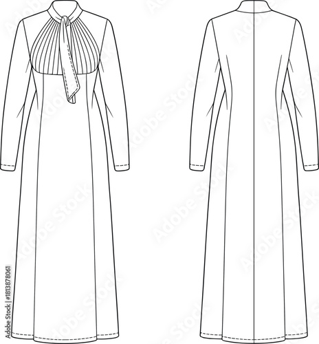 Elegant long-sleeve pleated yoke maxi dress fashion flat sketch with tie-neck collar, front and back technical illustration for garment design.