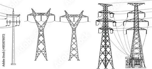 Set of blue outline electric transmission towers and high voltage power lines isolated on white background for industrial energy distribution and infrastructure engineering design concepts