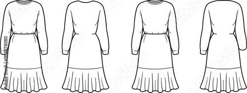 Elegant long-sleeve ruffle hem dress fashion flat sketch showing front and back views for apparel design, technical drawing, and garment illustration.