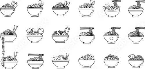 A Collection of Stylized Noodle Bowls with Chopsticks and Various Toppings