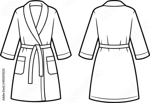Elegant vector illustration of a classic women’s bathrobe design featuring front and back views, belt tie, pockets, and clean line detailing.