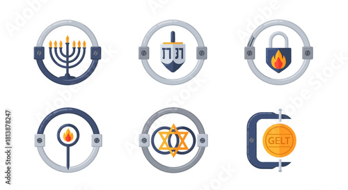 Hanukkah Ring-Lock Icons — Mechanical Judaica Flat Vector Set