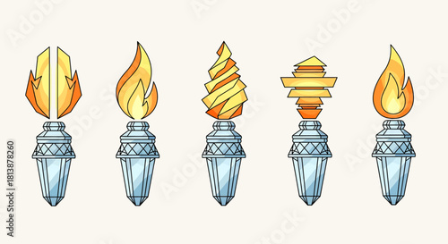 Hanukkah Crystal Torch Icons — Geometric Flame Flat Vector Set