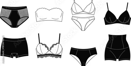 Elegant vector illustration showcasing diverse women’s lingerie designs, including bras, panties, shapewear, and lace details for fashion design references.