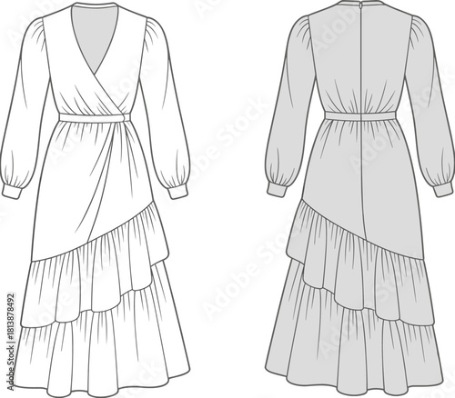 Elegant wrap maxi dress fashion flat sketch with long sleeves, asymmetrical layered skirt, gathered waist details, and front and back technical views.